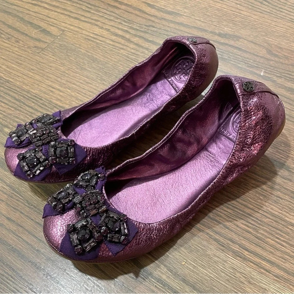 Tory Burch Azalea Crystal Bow Ballerina Flats Metallic Purple Leather Size 9 - Picture 3 of 12